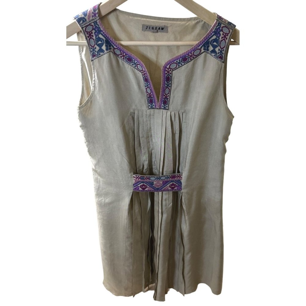 Jigsaw Silk Caramel Front Center Pleats Purple embroidered trim neckline & waist